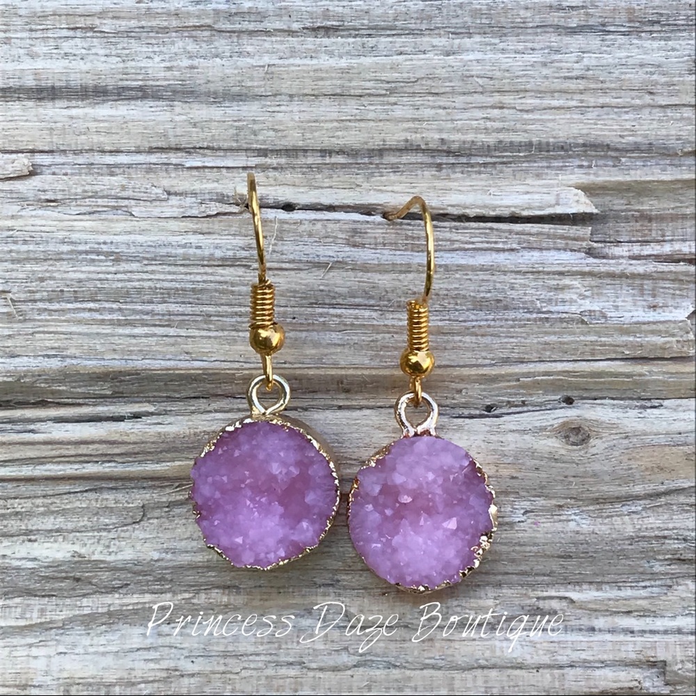Gold Pink Druzy Stone‎ Dangle Earrings